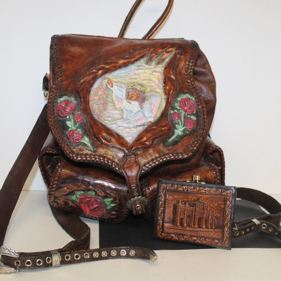 New Handmade Tooled Roses Angel Backpack & Wallet main image 8